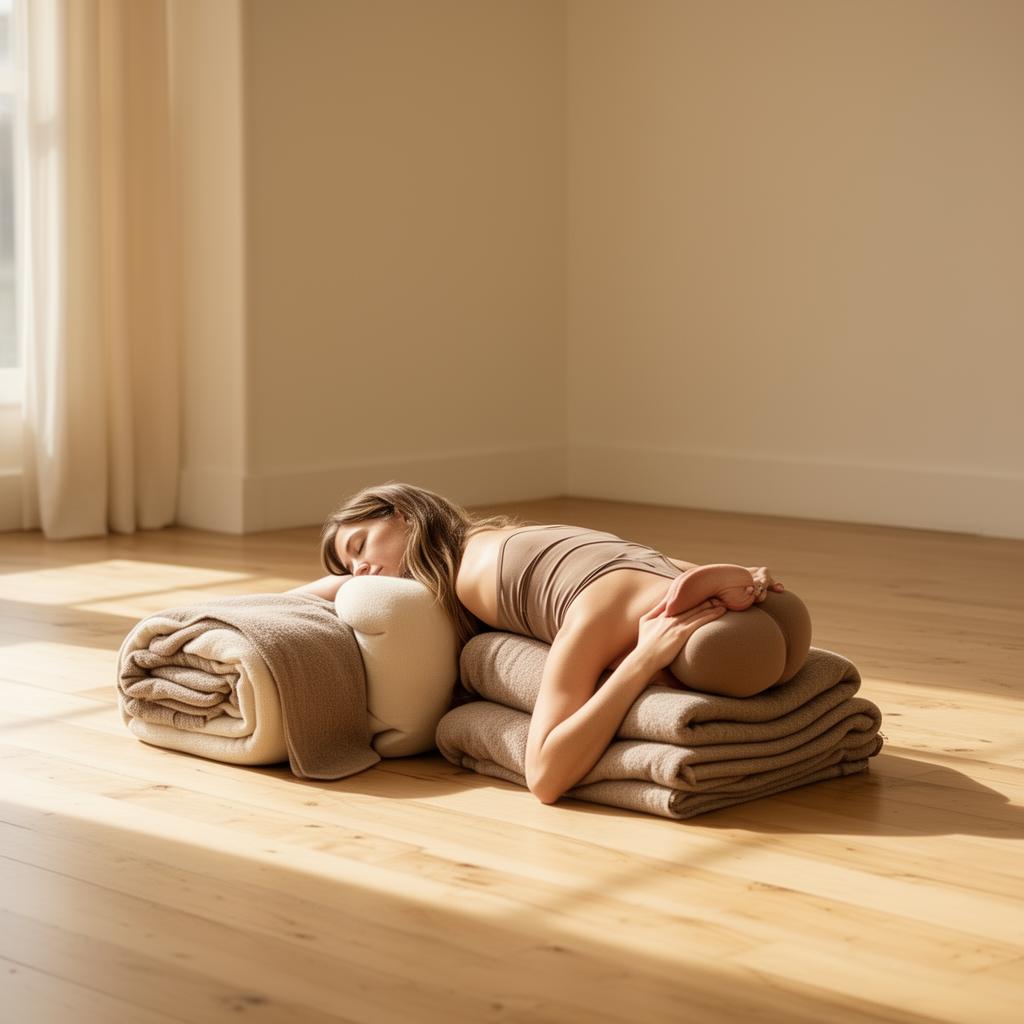 Woman resting in a supported restorative yoga pose on bolsters and blankets in a quiet sunlit studio — burnout recovery