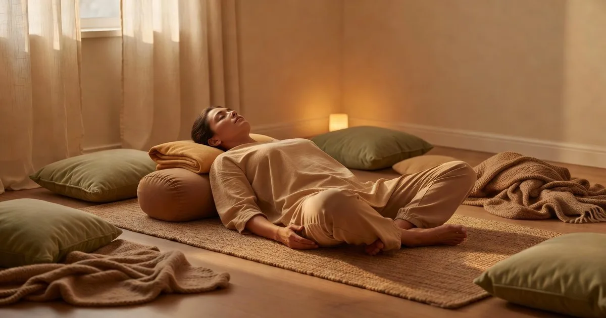 Woman resting in a supported restorative yoga pose on bolsters and blankets in a quiet sunlit studio — burnout recovery