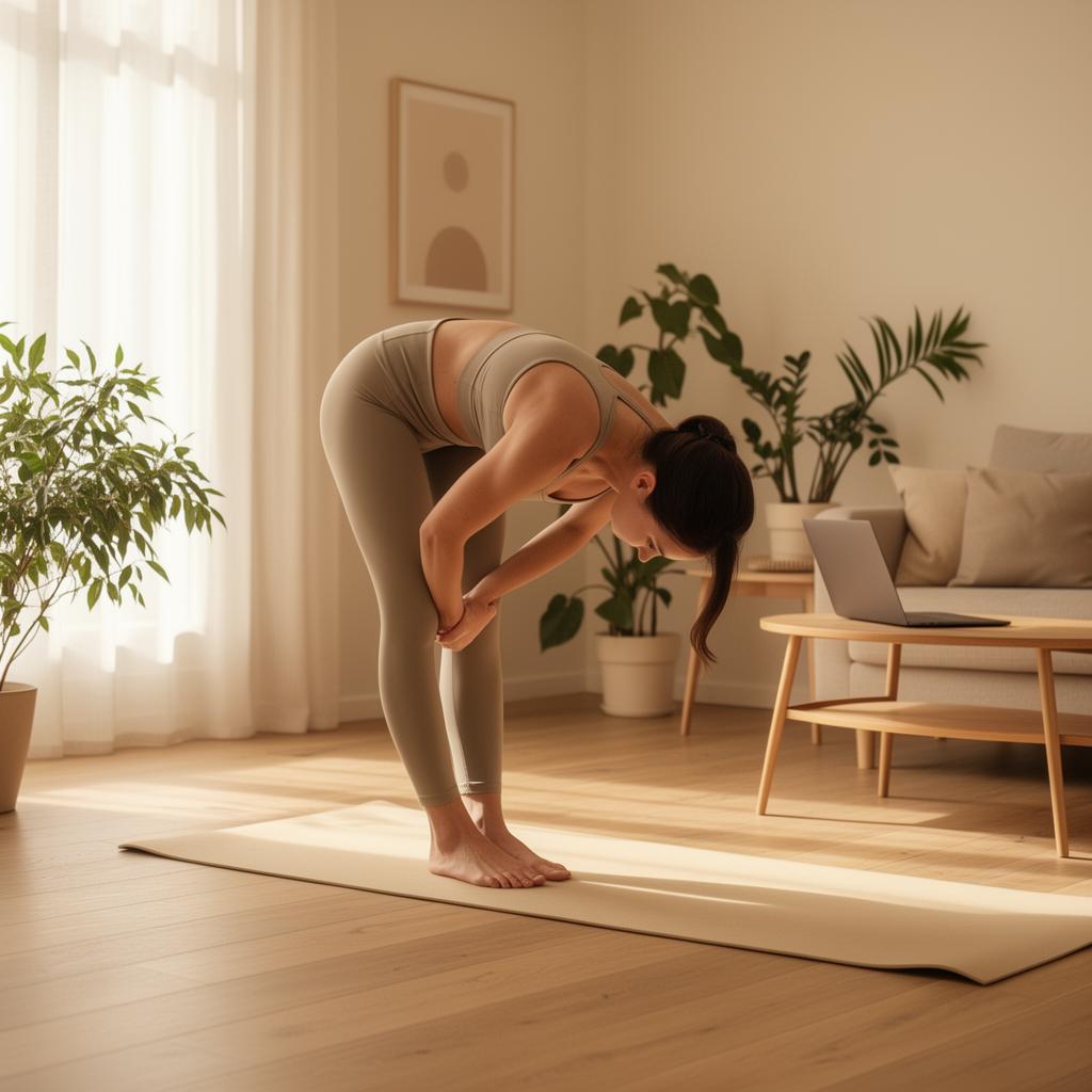 Beginner woman in a standing forward fold on a yoga mat in a calm sunlit living room with plants and laptop on table