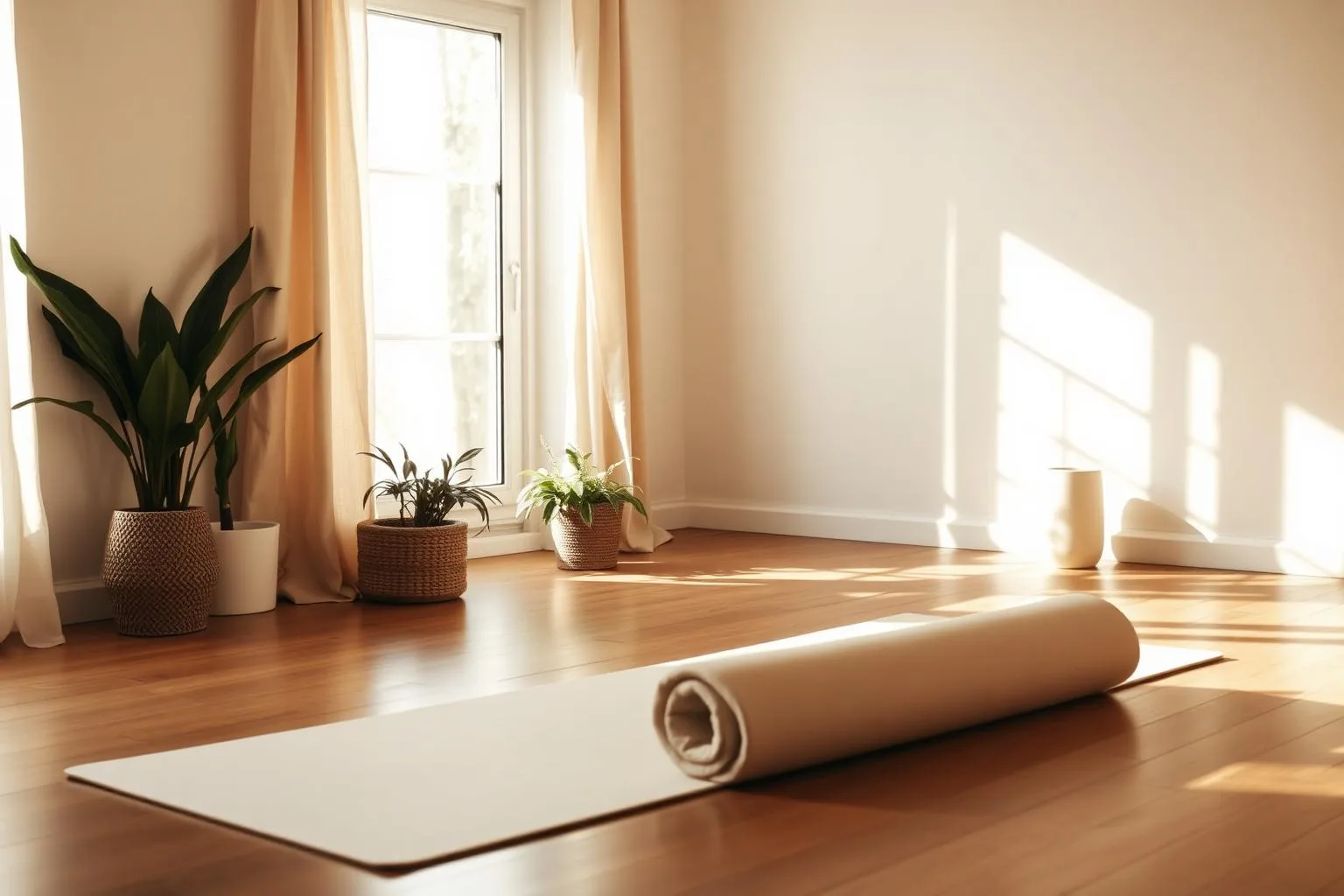 Beginner woman in a standing forward fold on a yoga mat in a calm sunlit living room with plants and laptop on table