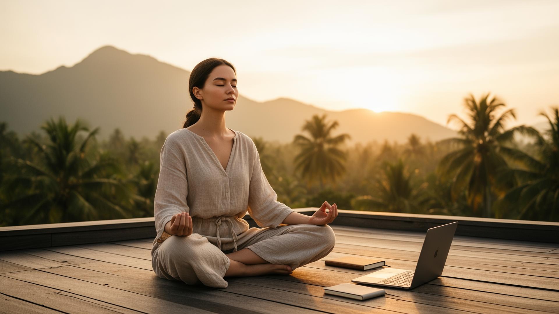 Digital nomad in lotus pose on a terrace at sunrise with laptop and notebook beside her