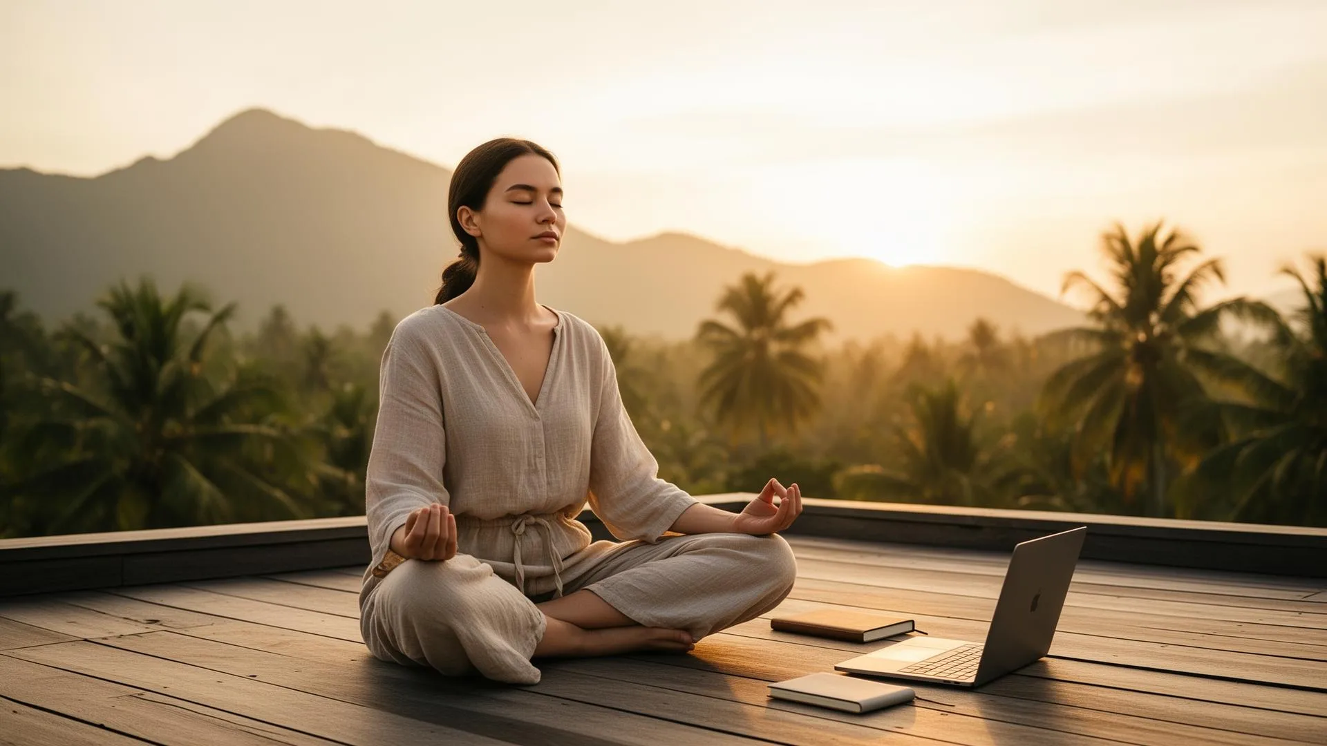 Digital nomad in lotus pose on a terrace at sunrise with laptop and notebook beside her