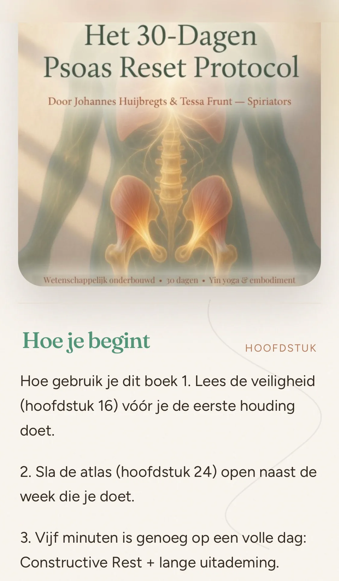 Psoas Reset-app, boek-tabblad met protocolcover (beta)