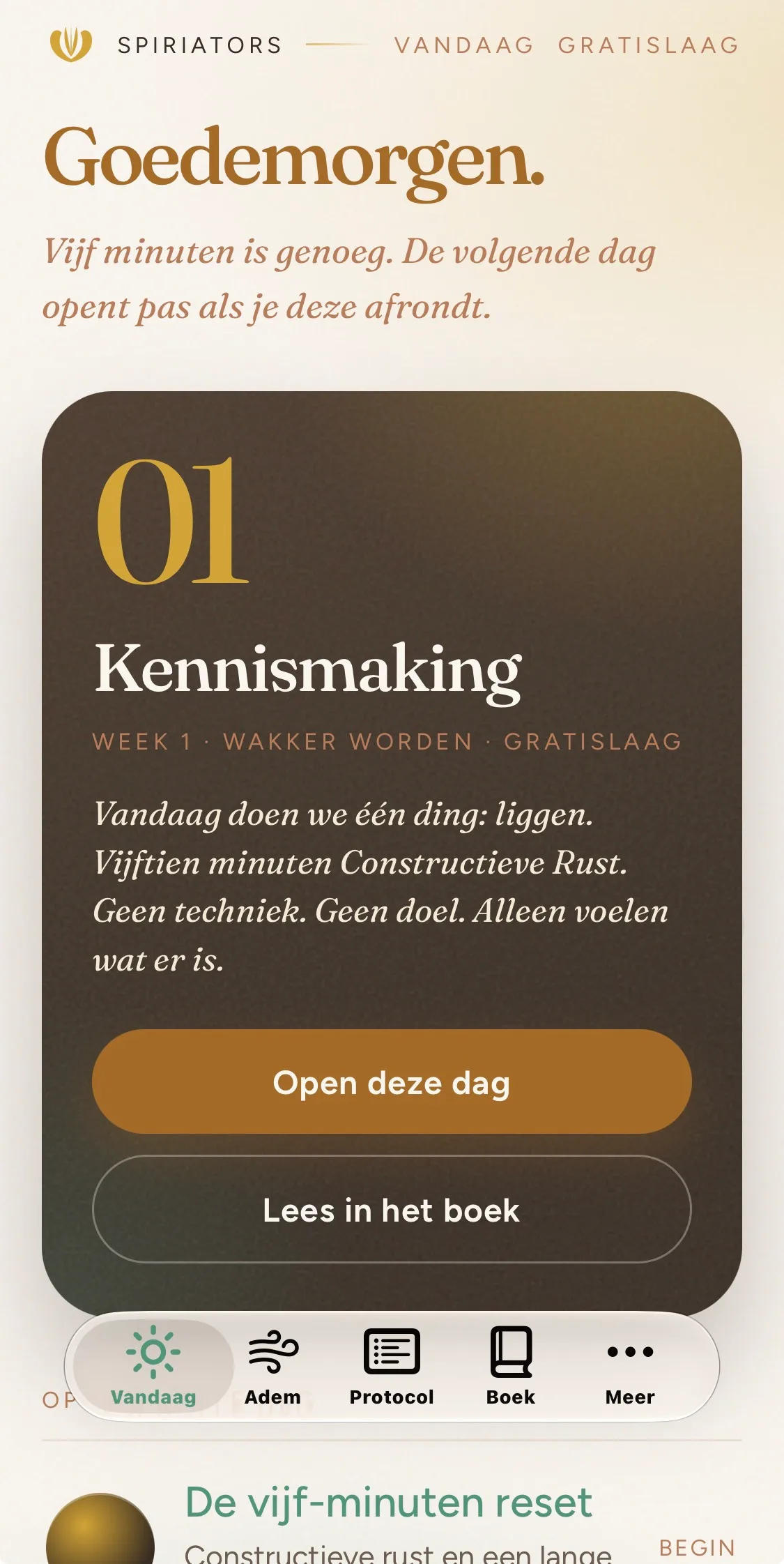 Psoas Reset-app, tab Vandaag — dag 01 Kennismaking (beta)