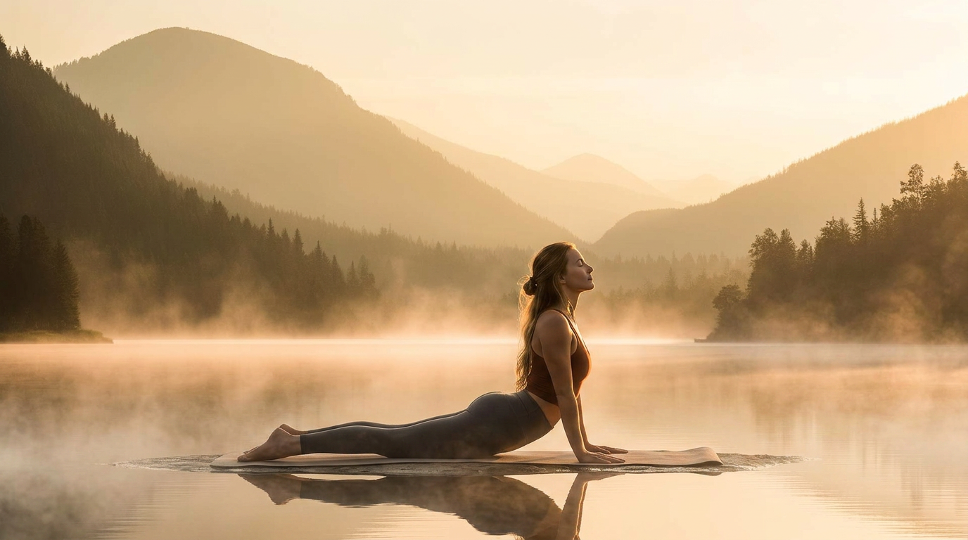 Woman in Cobra pose (Bhujangasana) by a mountain lake