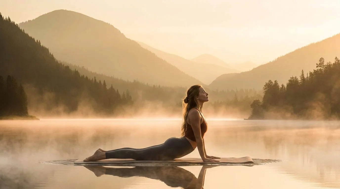 Vrouw in Cobra houding (Bhujangasana) bij een bergmeer